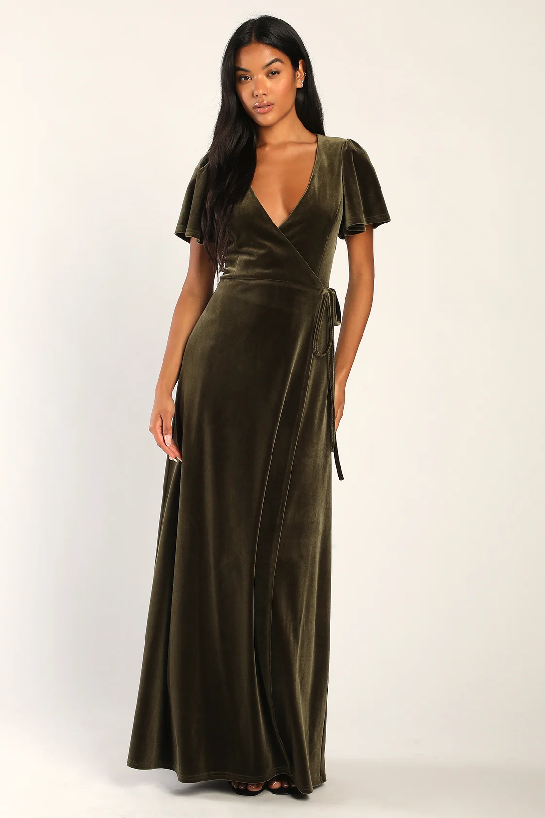 Olive Green Velvet Wrap Wedding Guest Dress