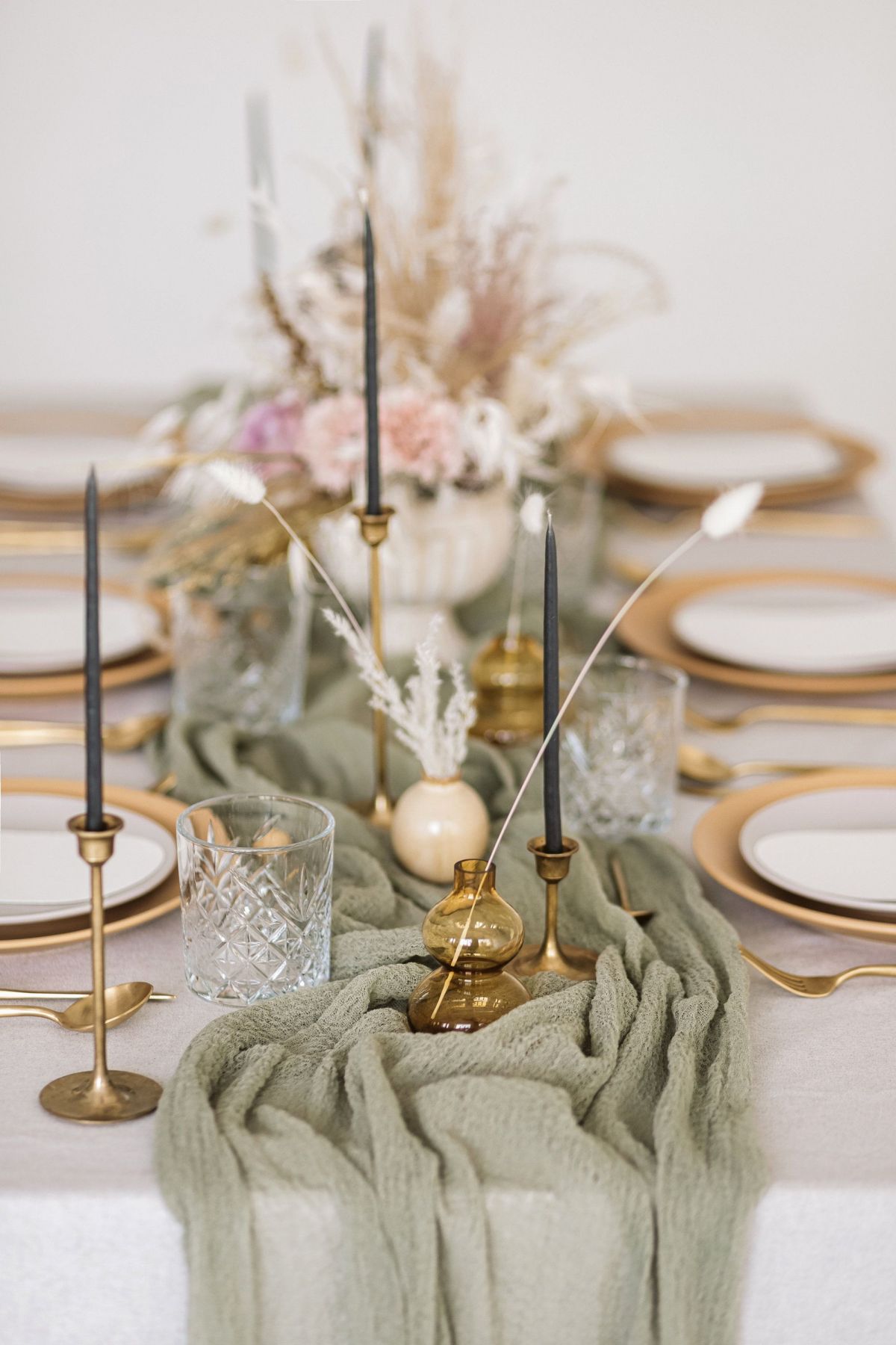 Sage green wedding centerpieces cheesecloth table runner