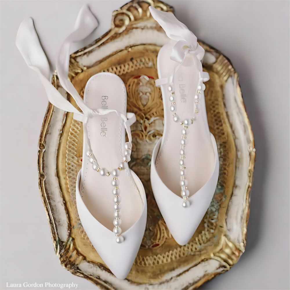T-Strap Crystal and Pearl Flats for Wedding with Ankle Bow