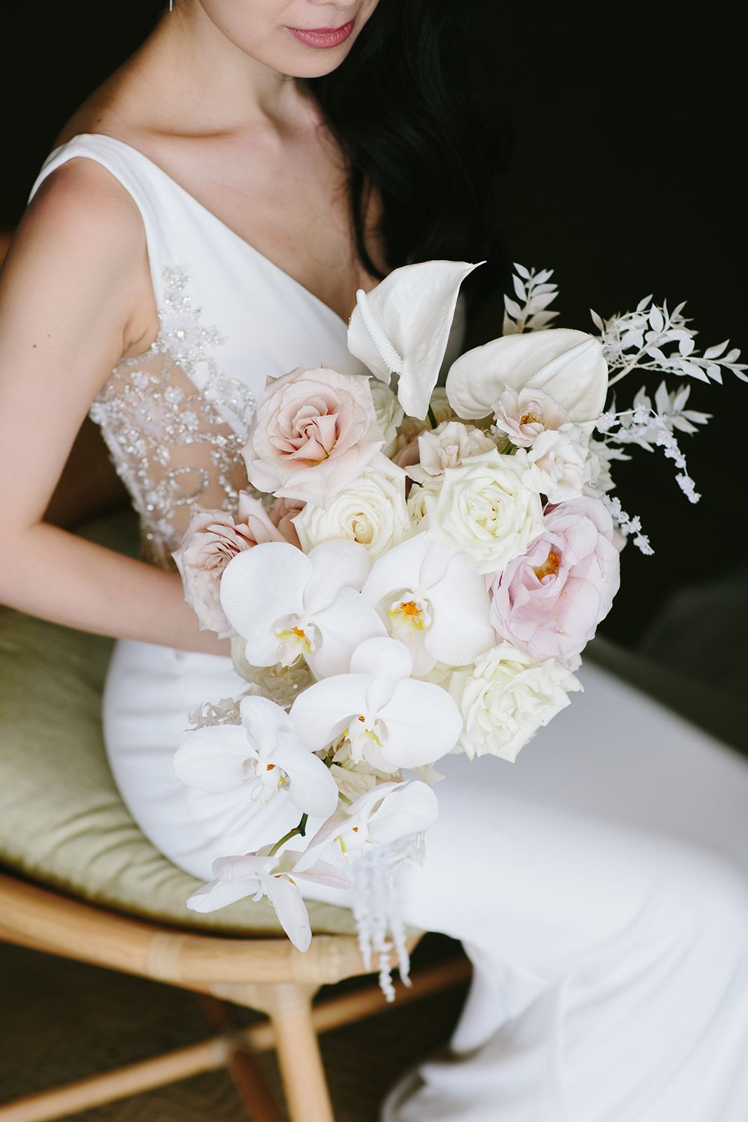 White phalaenopsis orchid and blush tropical wedding bouquet