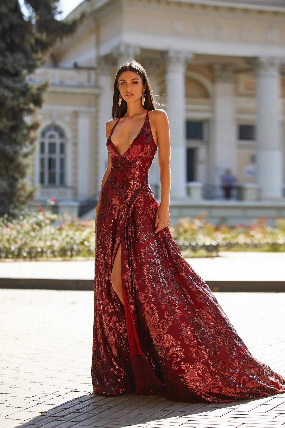 burgundy wedding dress deep v neck sequined gown