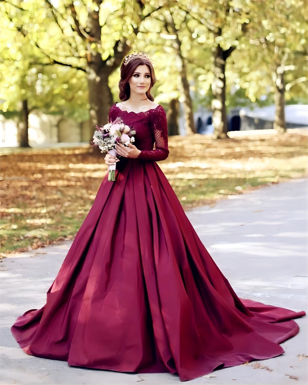 burgundy wedding dress off the shoulder alie satin gown with long sleeves