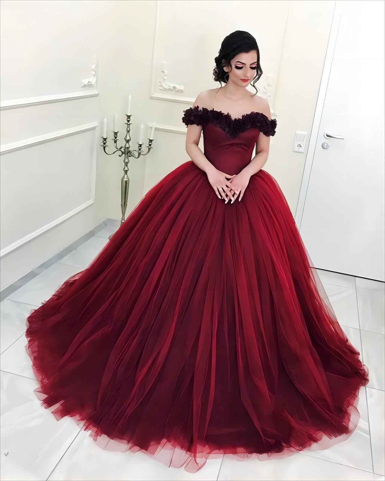 burgundy wedding dress off the shoulder tulle ball gown
