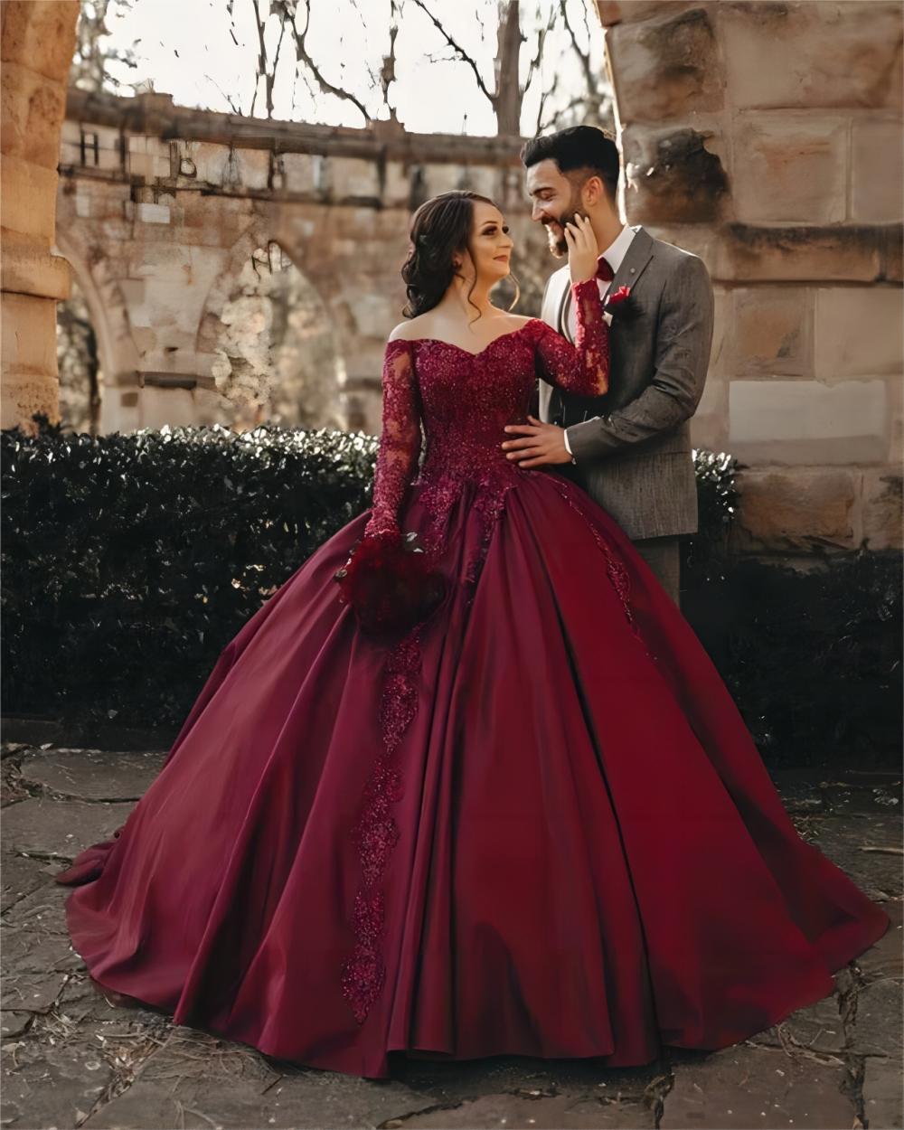 burgundy wedding dresses off the shoulder long sleeves ball gown