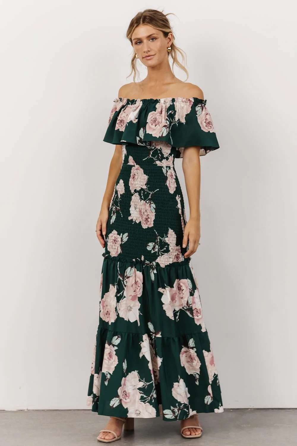 emerald green and blush printed wedding guest dress with off the shoulder