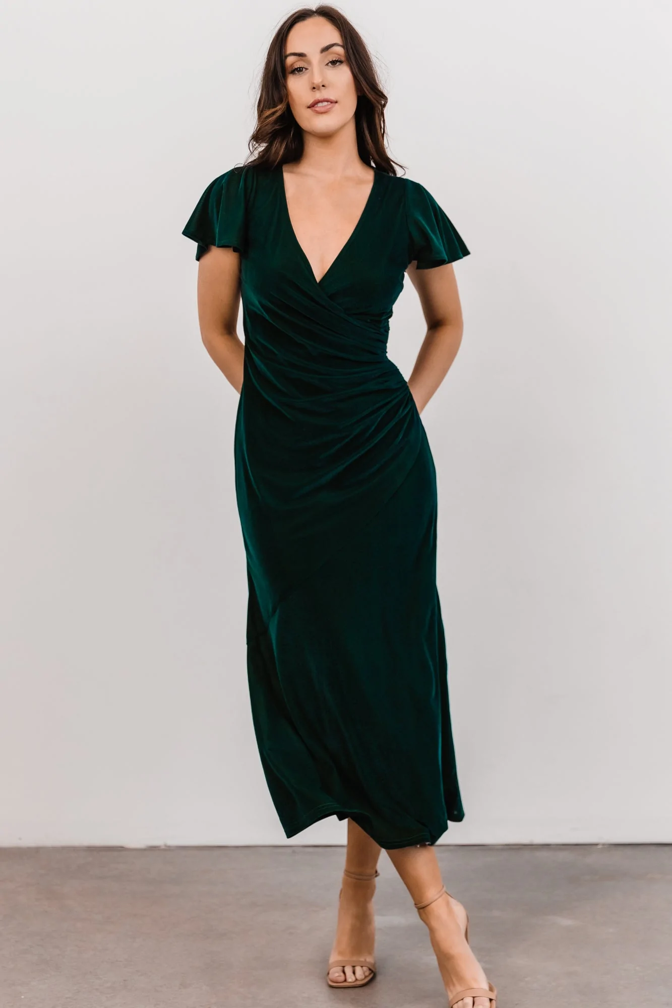 emerald green velevt midi fall wedding guest dress