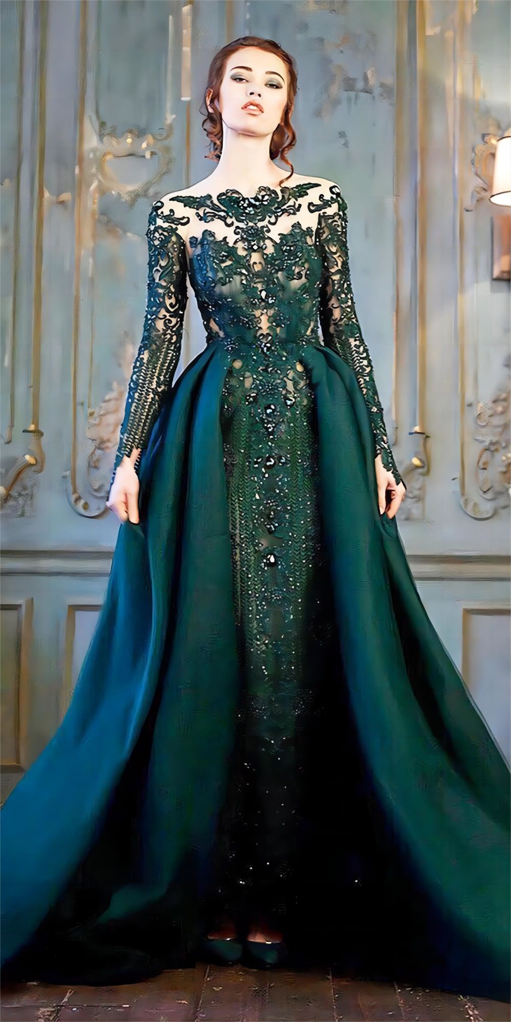 emerald green wedding dresses sheath long sleeves with overskirt