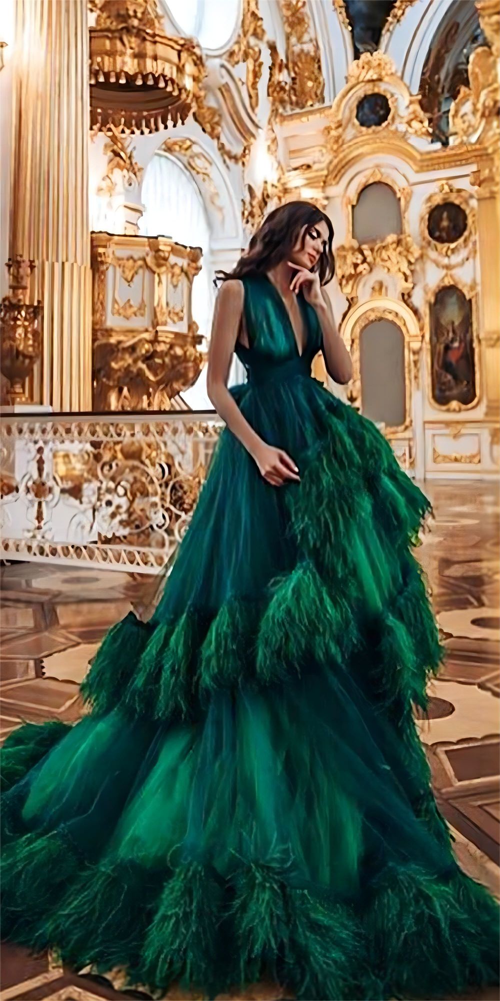 green weddng dresses ball gown v neckline with feater accents