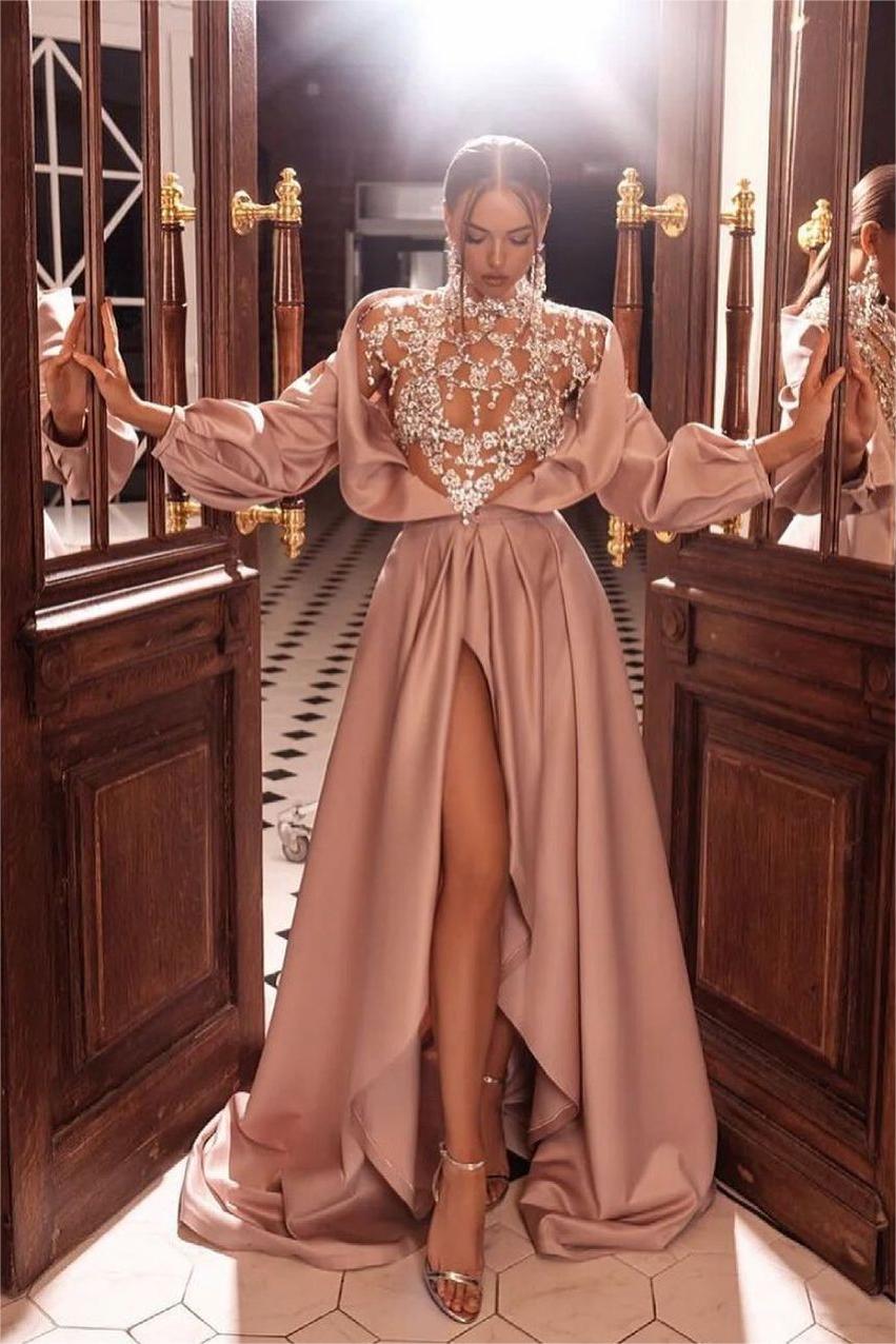 nude wedding dress high split skirt long sleeves