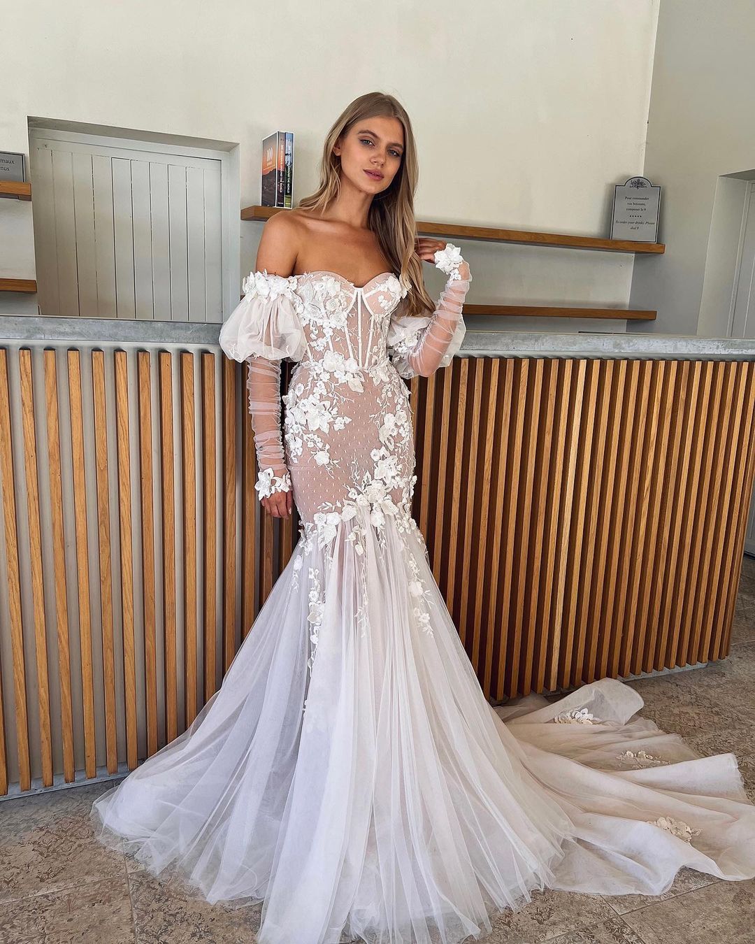 nude wedding dress off the shoulder puff sleeves mermaid