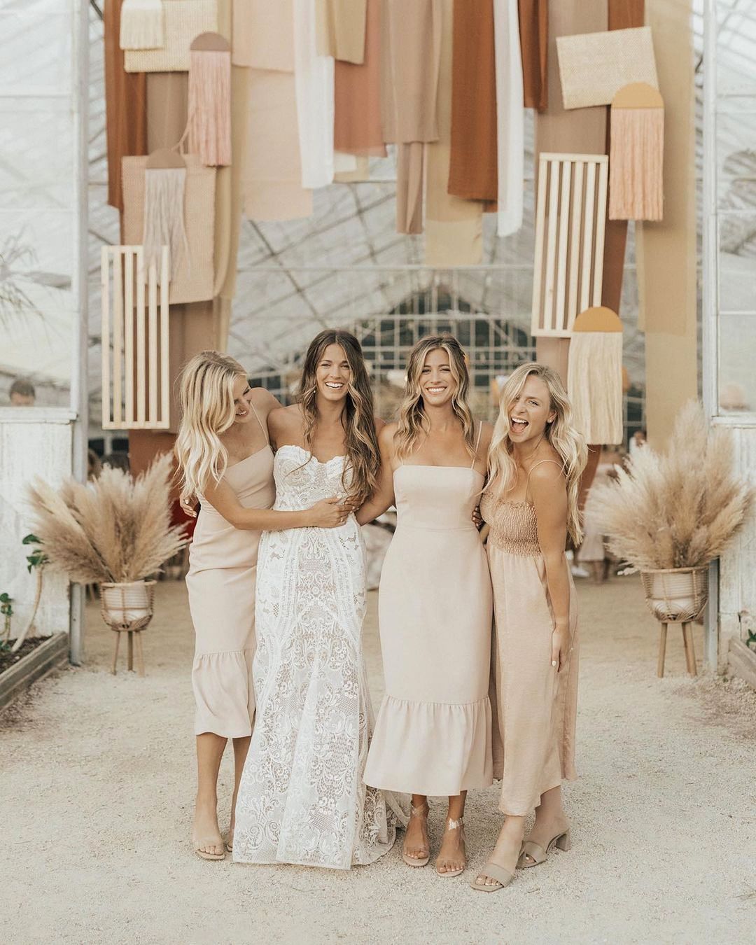 nude wedding midi satin bridesmaid dresses