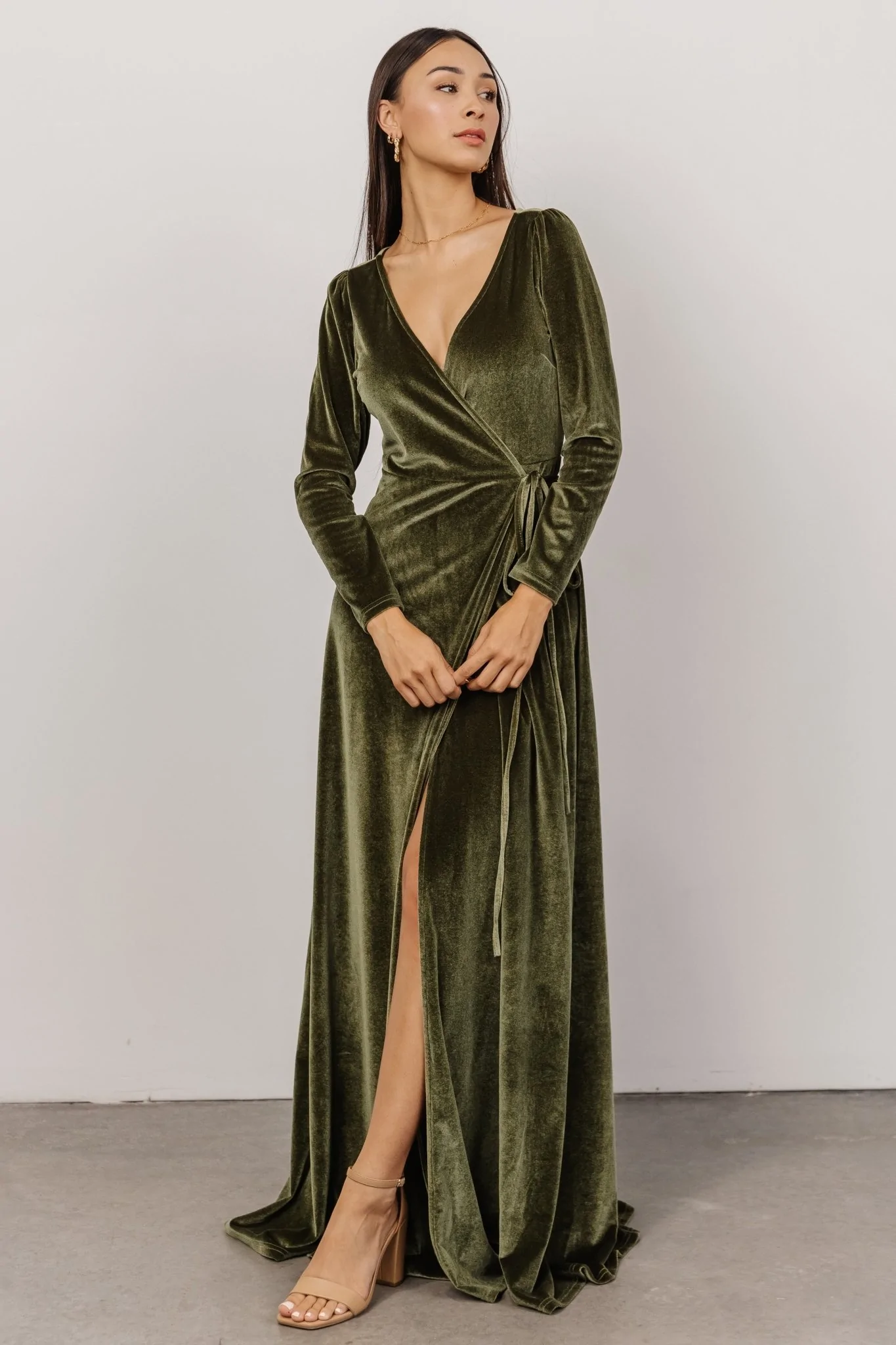 olive velvet wedding guest dresses