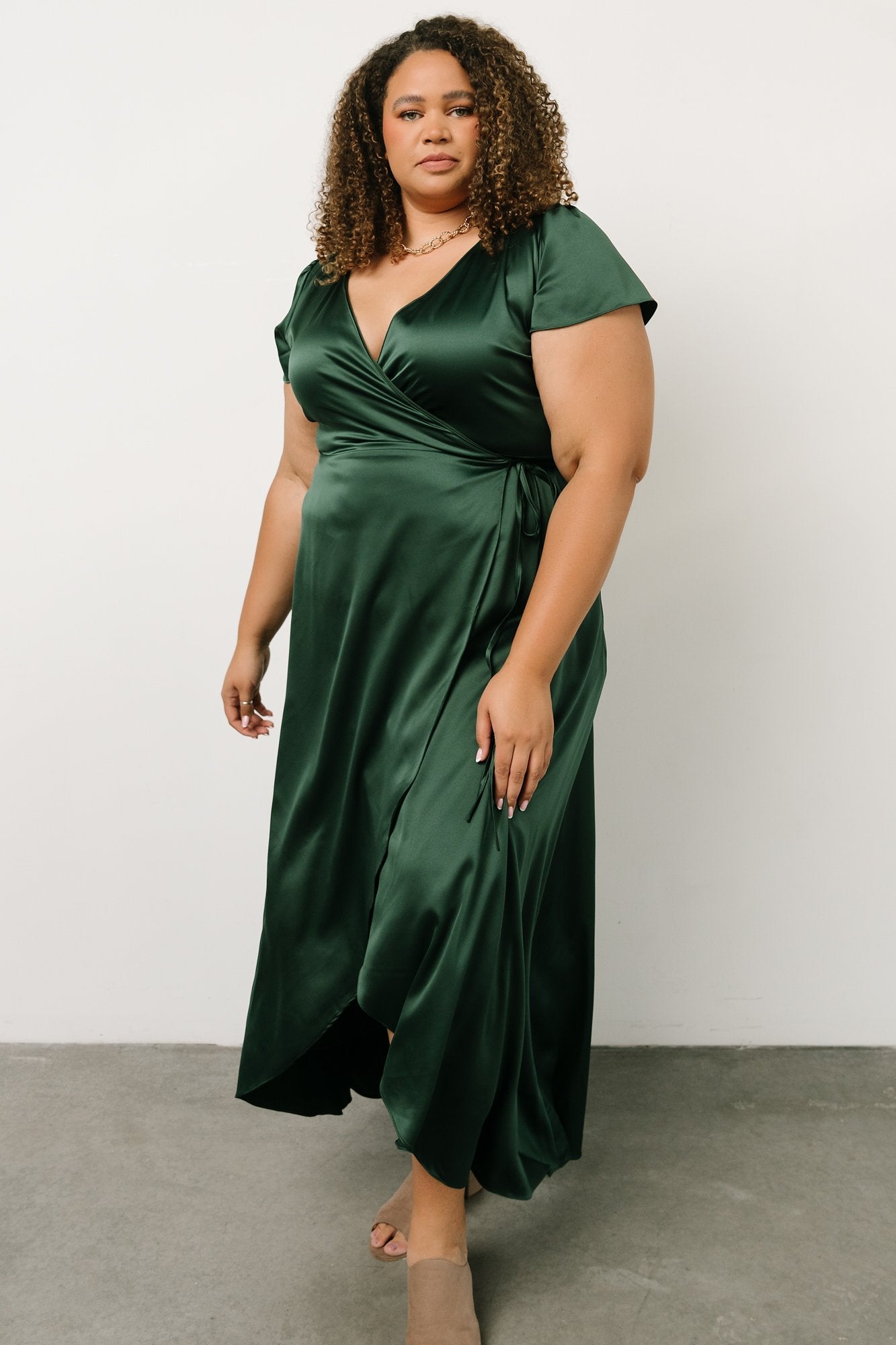 plus size dark green satin wedding guest dress