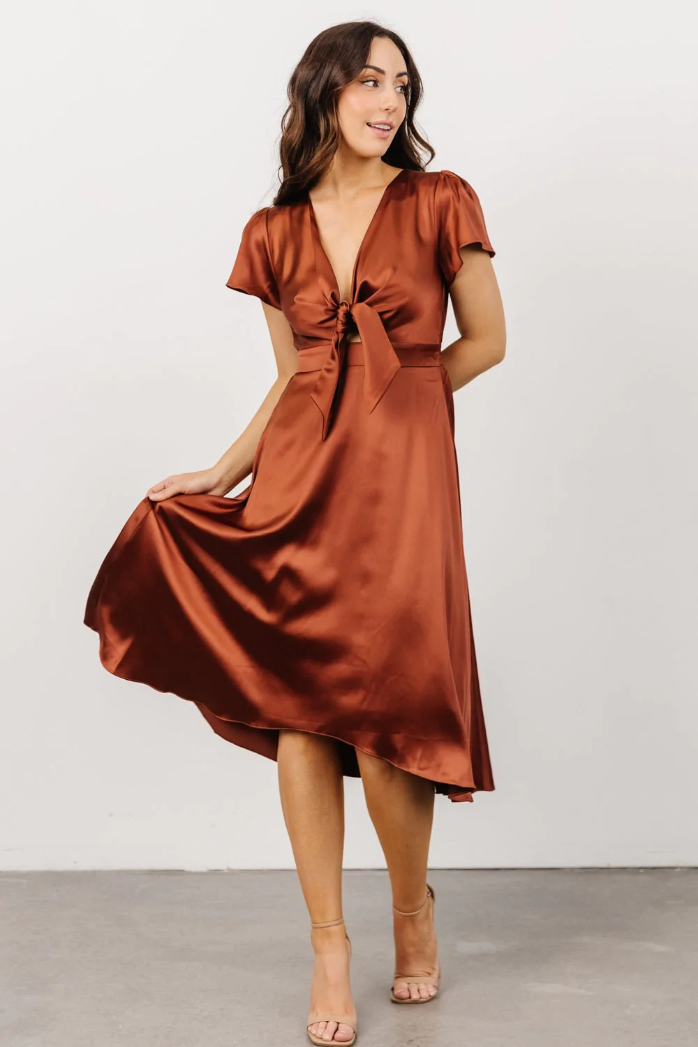 rust cinnamon satin midi fall wedding guest dress