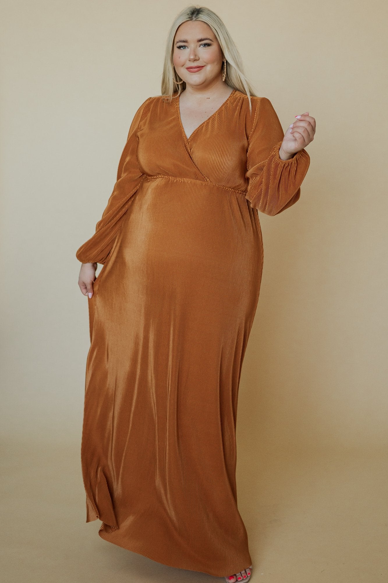 rust velevt plus size wedding guest dress with long sleeves
