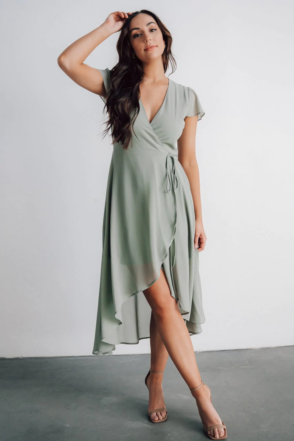 sage green midi wrap wedding guest dress