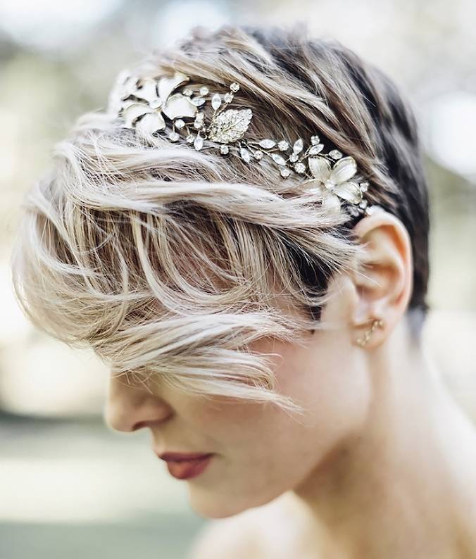 short wedding hairstyle Bride Blonde Balayage Undercut Curly Pixie