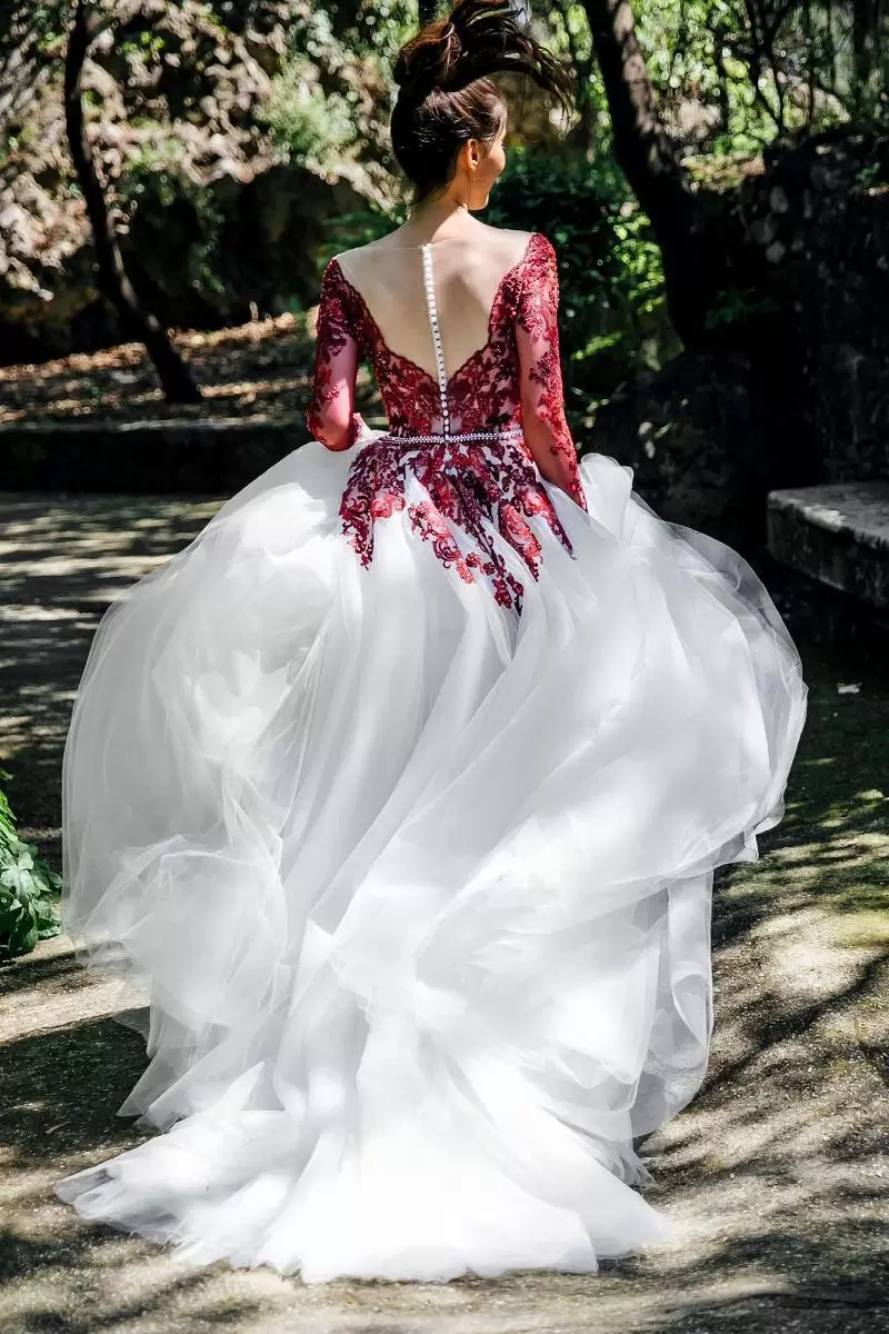 white and burgundy wedding dress