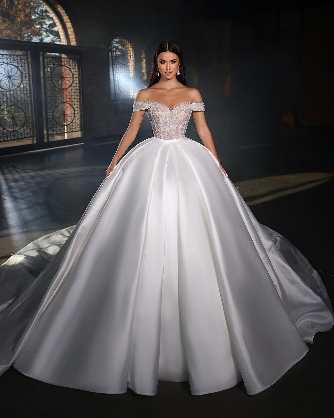 ball gown wedding dress off the shoulder satin