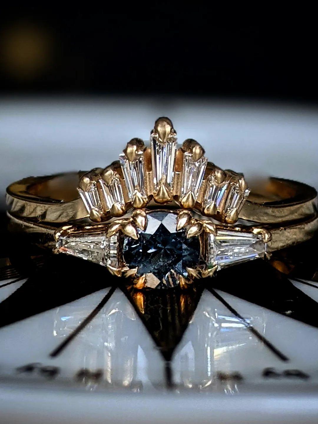 diamond baguettes crown wedding band engagement ring set