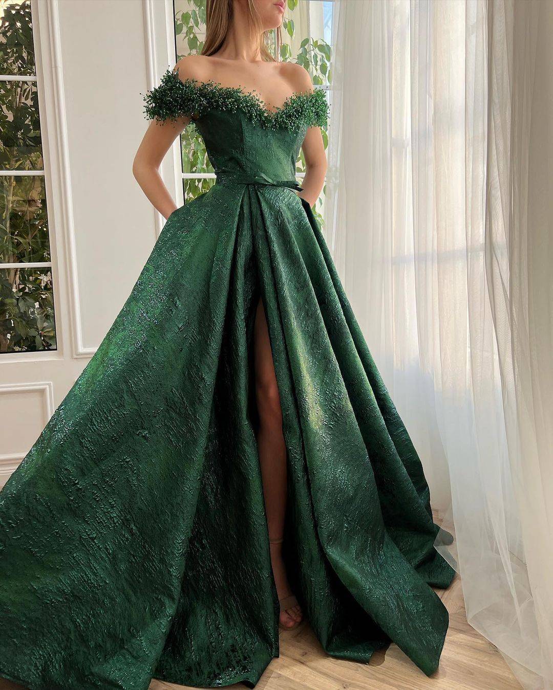 emerald green bridal dress off the shoulder