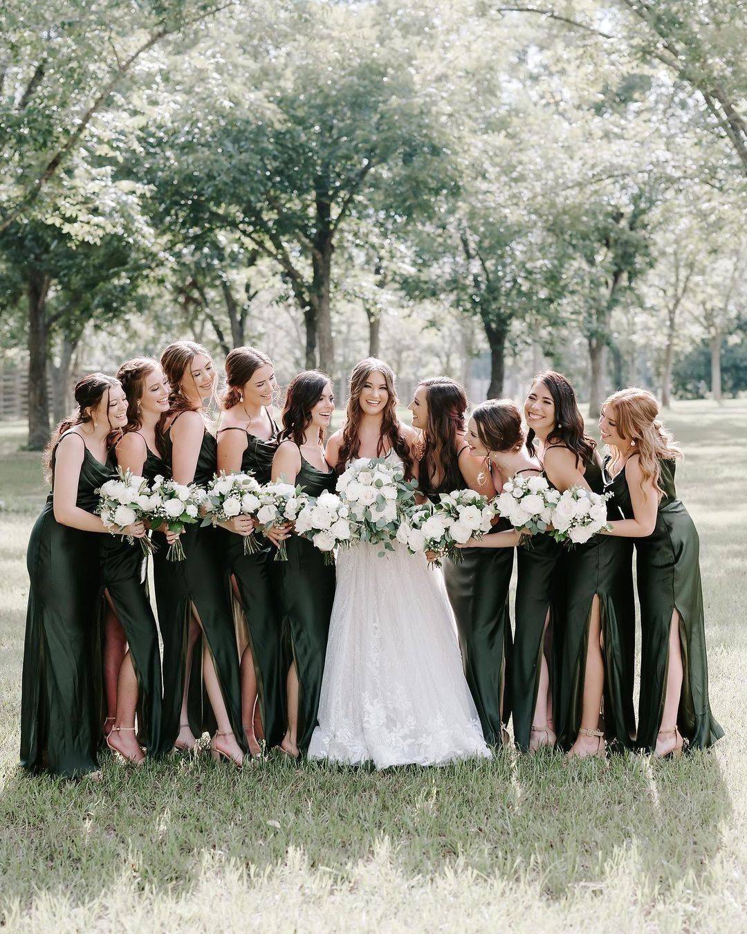emerald green satin bridesmaid dresses