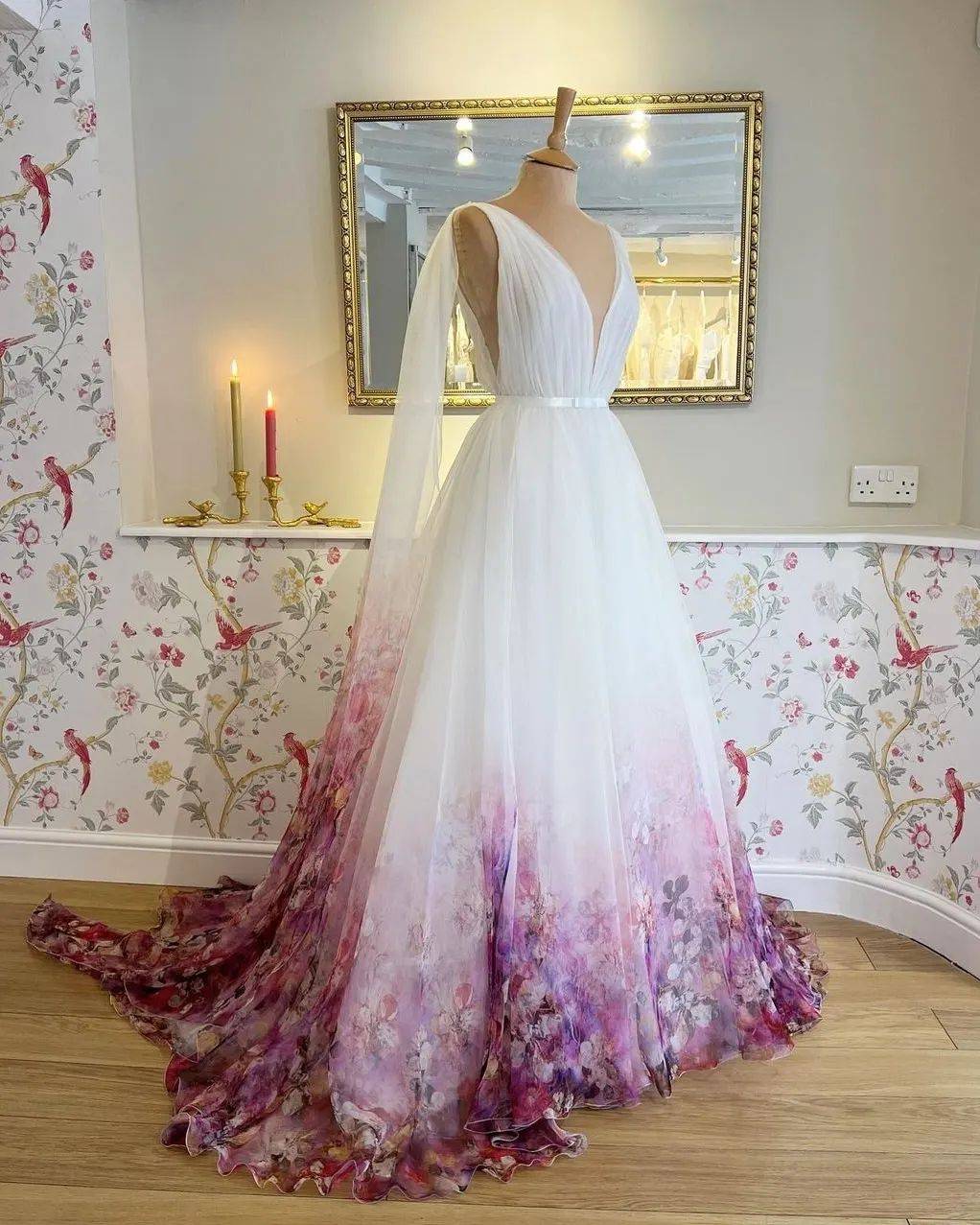 floral wedding dress with ombre lavender purple flowers