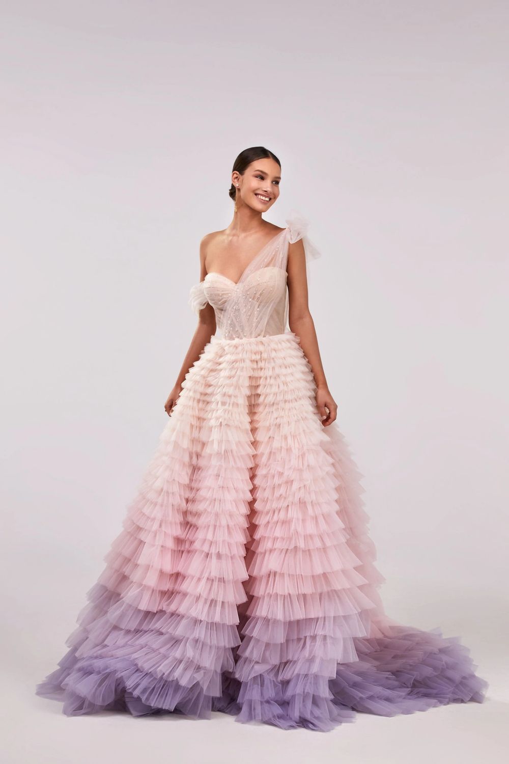 lavender wedding dress ball gown with the frill-layered blush purple ombre maxi skirt