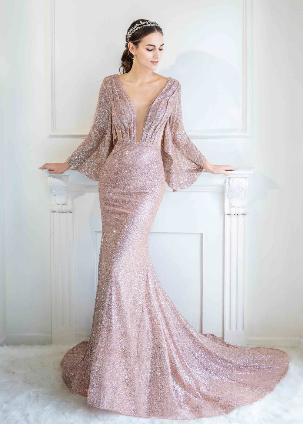 lavender wedding dress sequined mermaid long sleeves