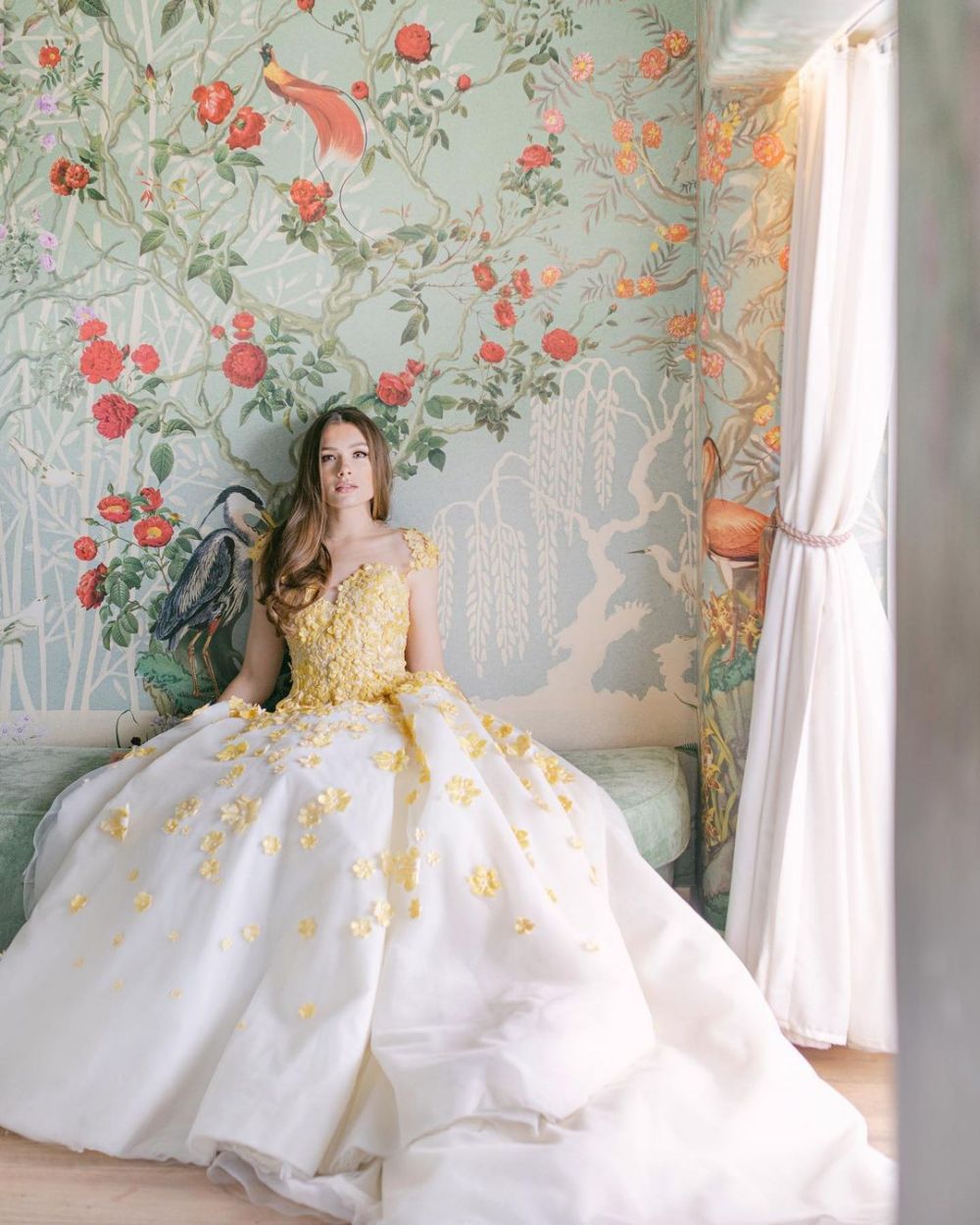 yellow and white wedding dress