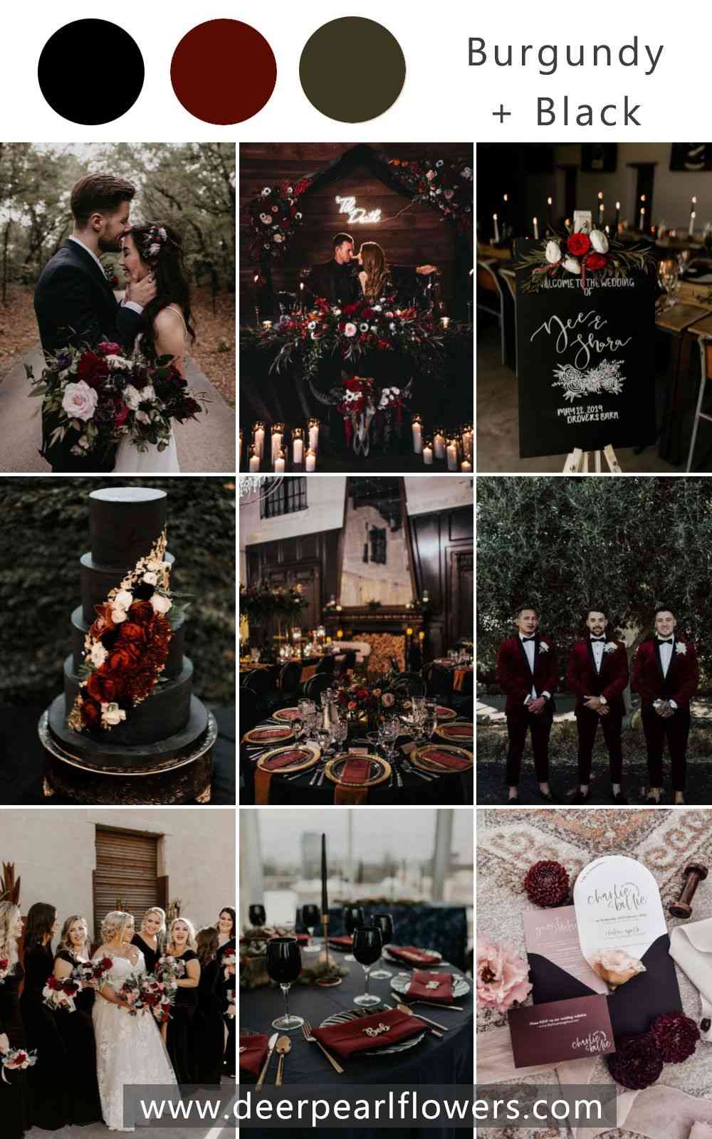 Moody burgundy and black wedding theme color idea