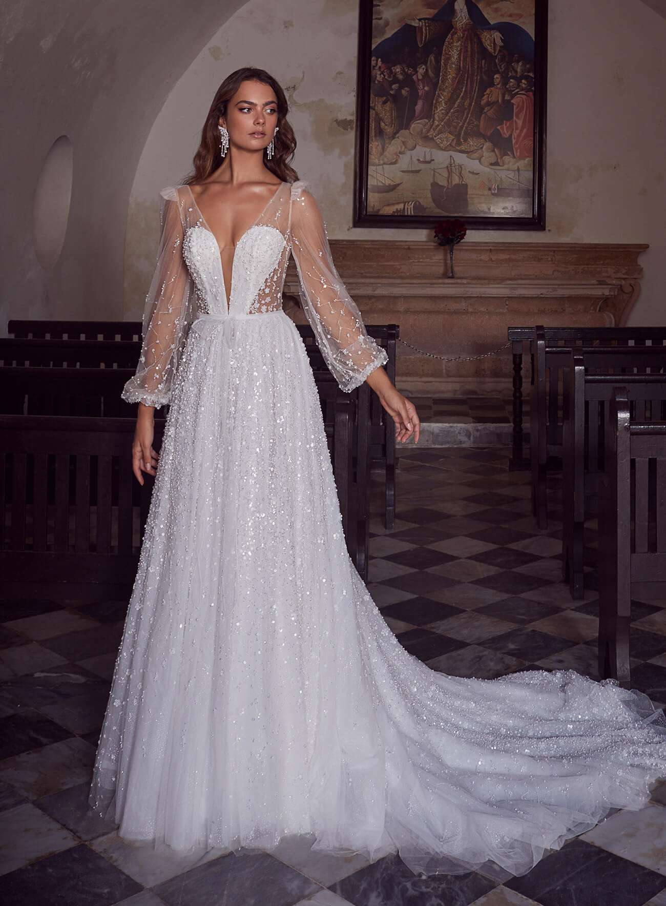 A Line Backless Beaded Lace Bridal Gown with Illusion Deep Sweetheart Neckline and Long Tulle Sleeves
