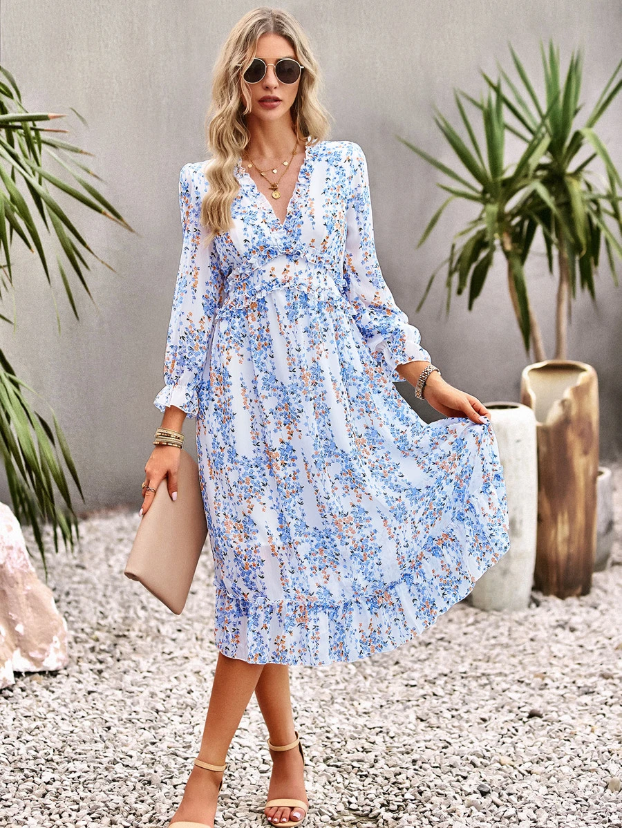 Blue Floral Deep V-neck Ruffle Hem Guest Dress