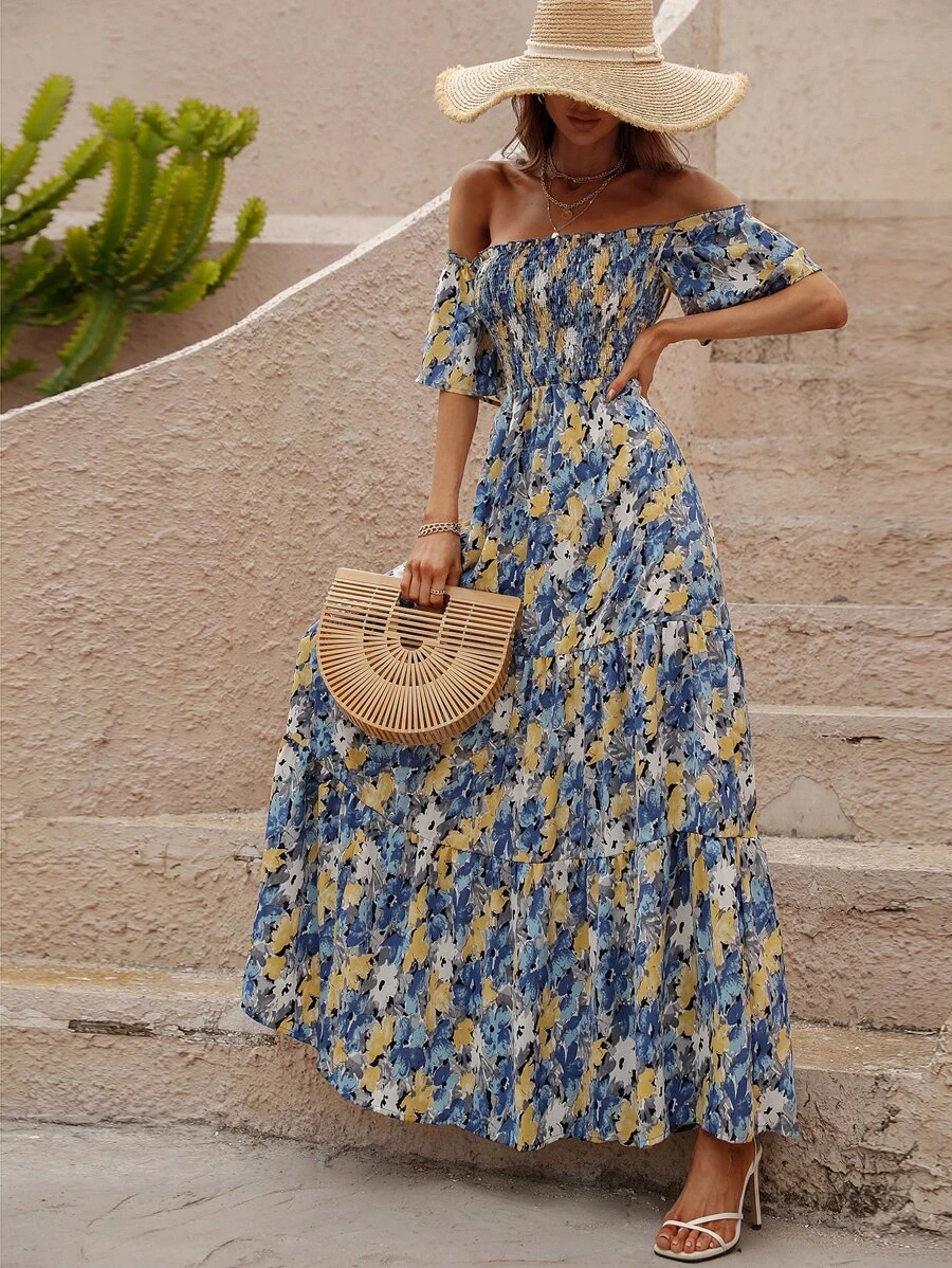Blue and Yellow Floral Print Shirred Off Shoulder Ruffle Hem Guest Dress