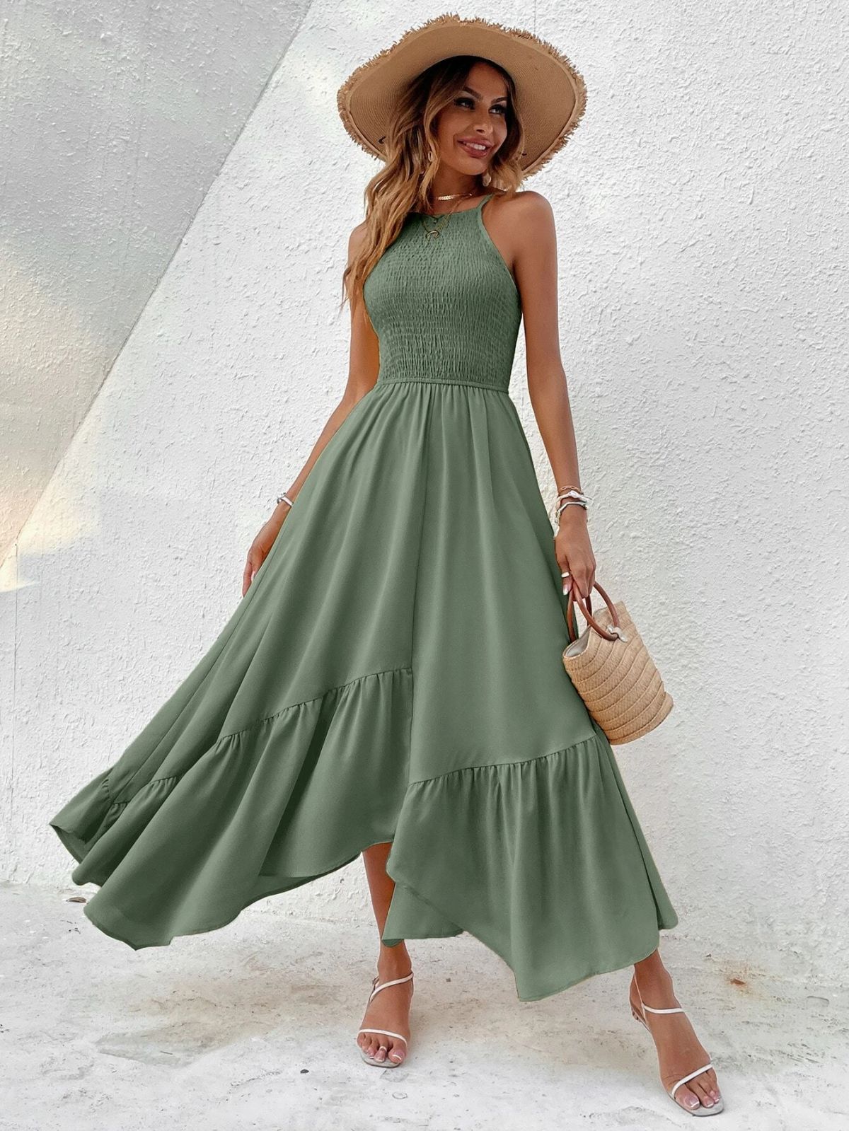 Deep Sage Green Shirred Hanky Hem Cami Dress
