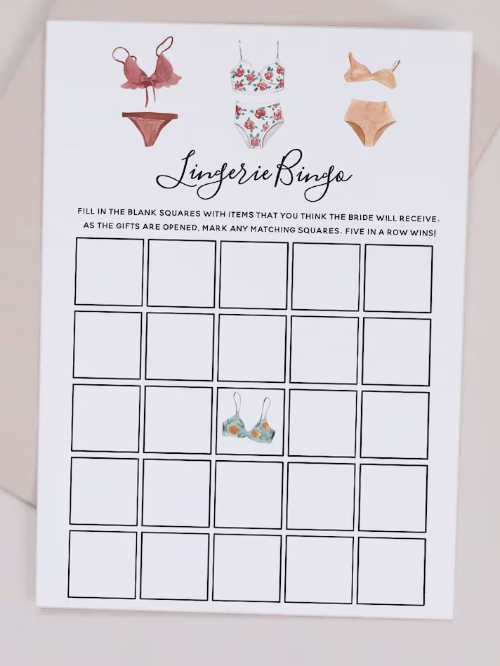 Lingerie Bridal Shower Bingo Game Printable card