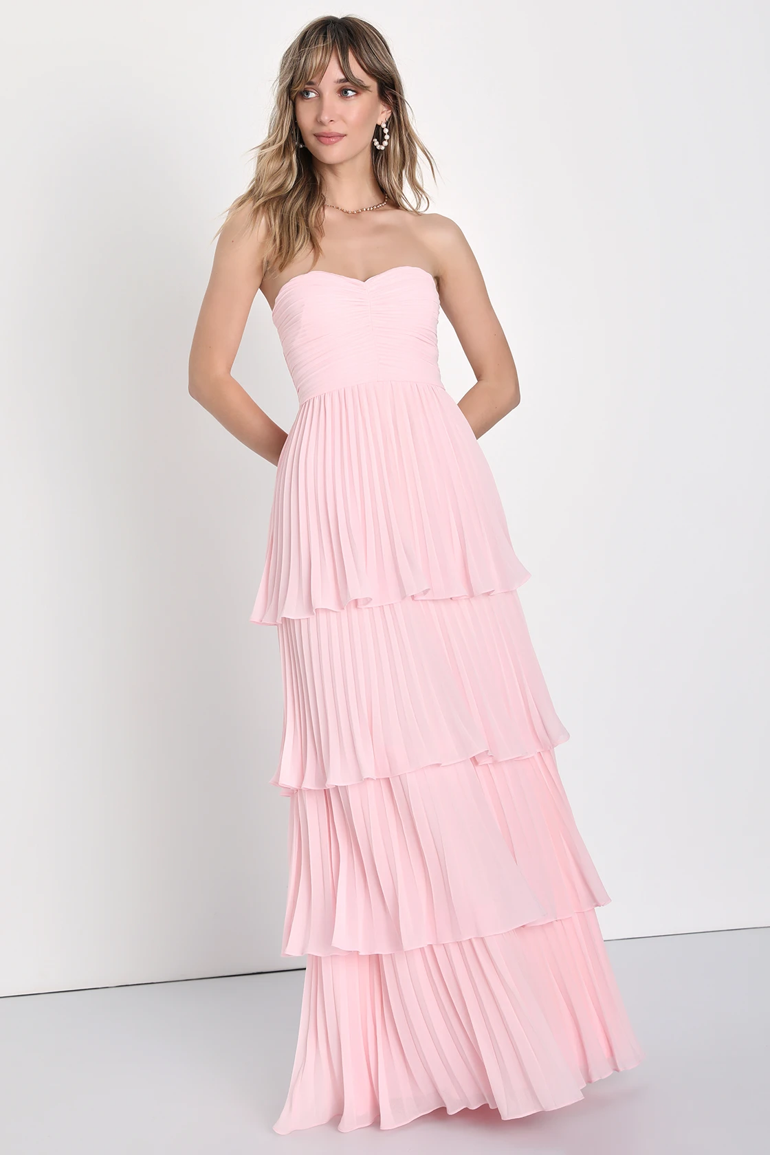 Sensational Pink Pleated Strapless Tiered Maxi Dress