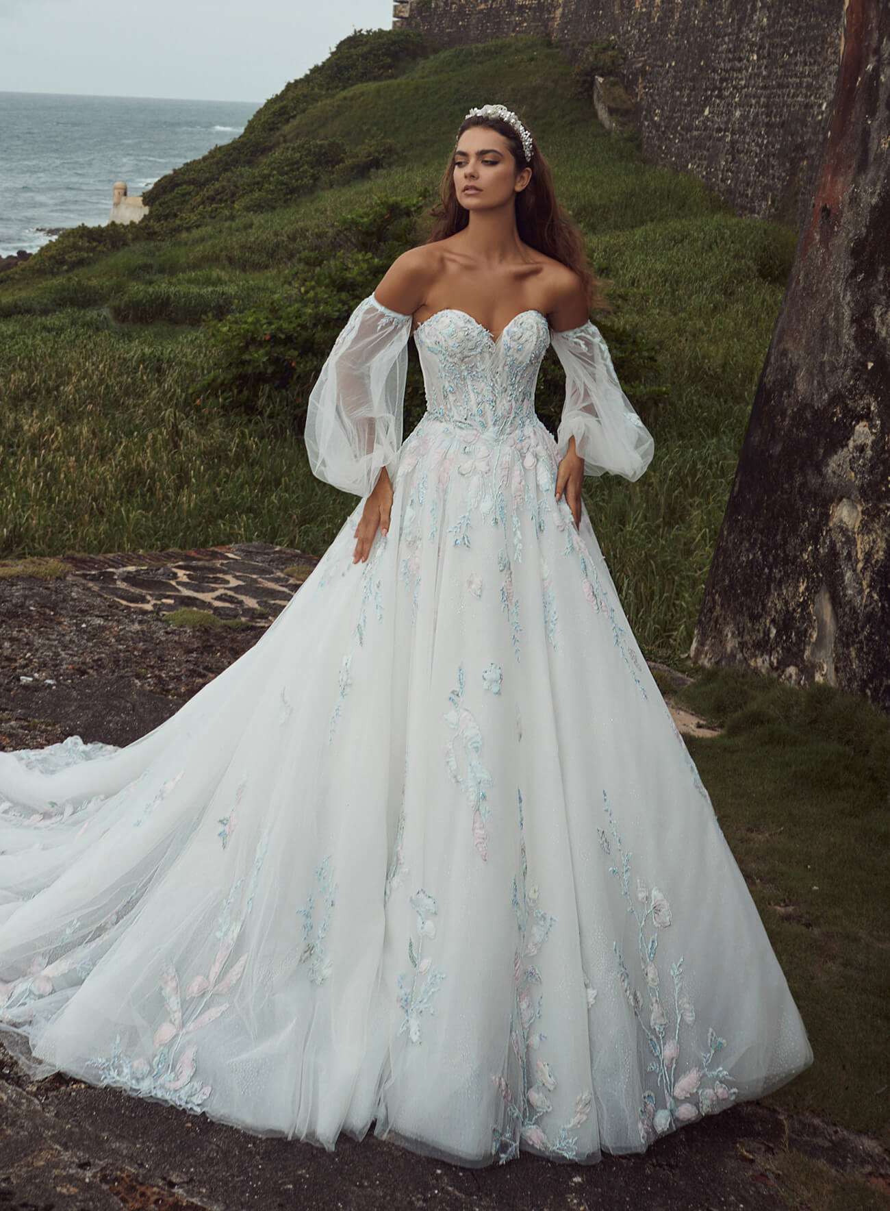 Strapless Sweetheart Ball Gown with Puff Sleeves