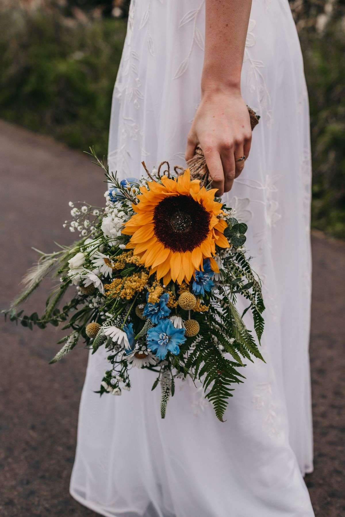 Sunflower bridal bouquet blue greenery