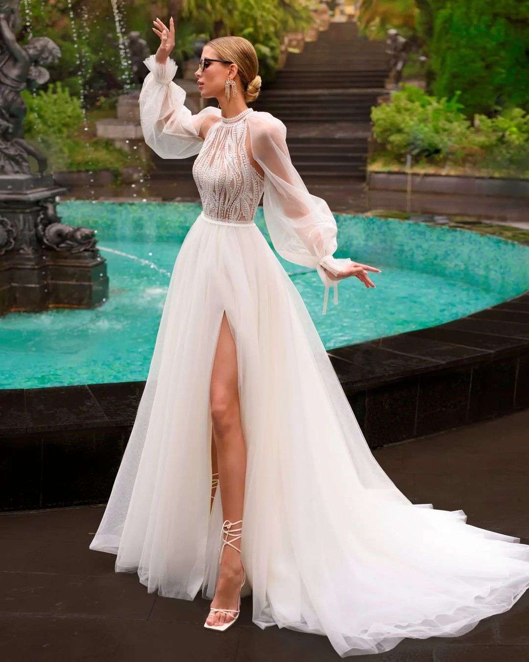 bohemia puff sleeves wedding gown with high slit