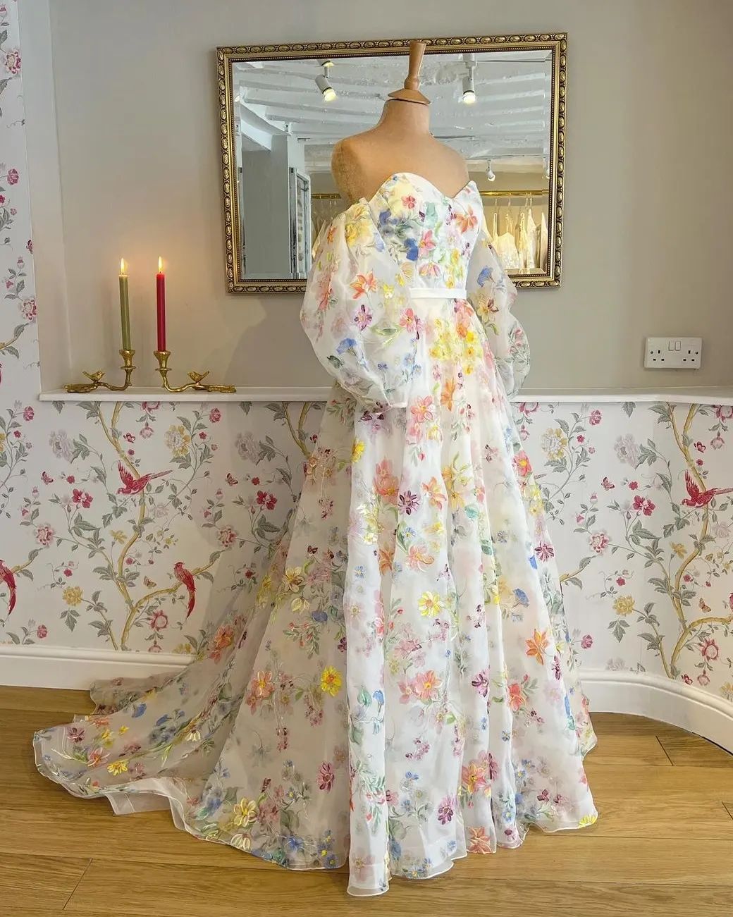 colorful embroidery off the shoulder bridal dress