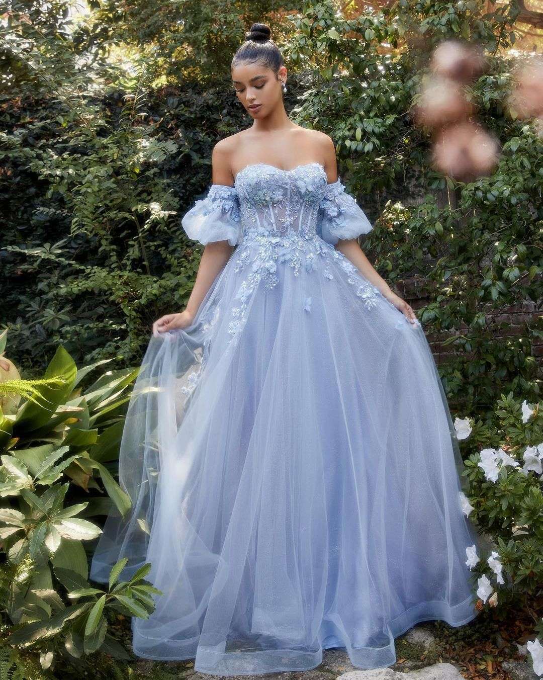 dusty blue off the shoulder aline wedding dress with cap puff sleeves