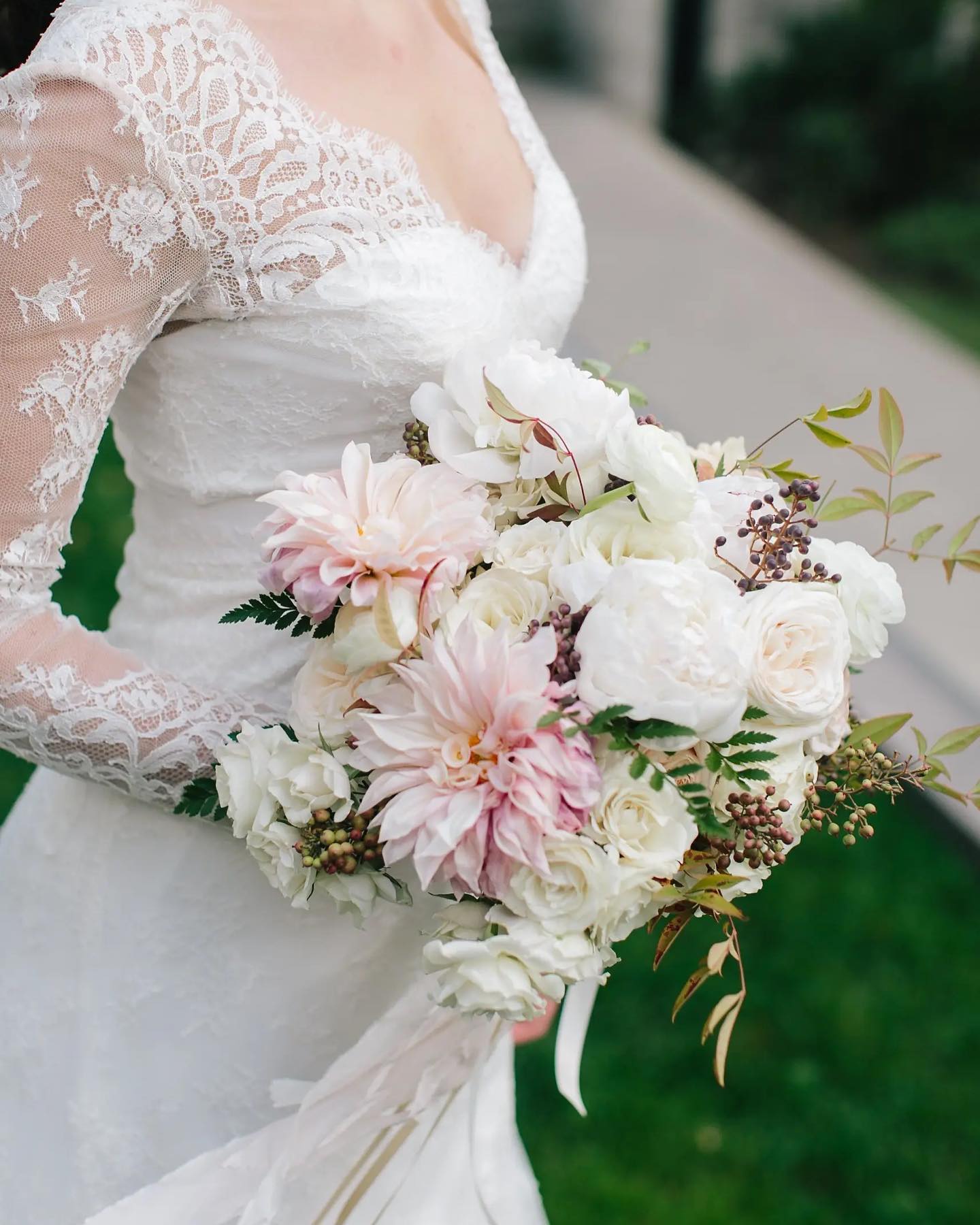 elegant white peony roses and blush dahlia wedding bouquet