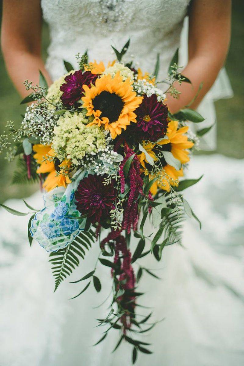 fall cascading sunflower wedding bouquet burgundy and greenery