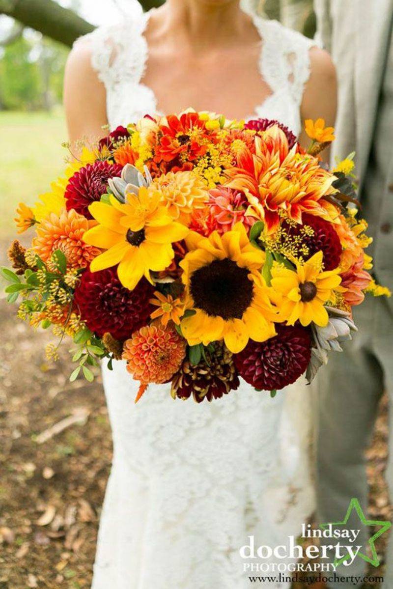 fall sunflower wedding bouquet orange burgundy