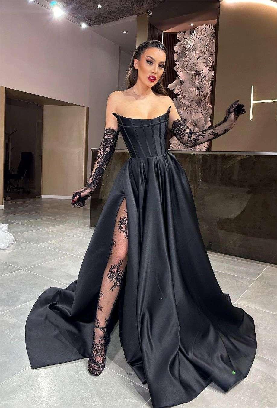 gothic scoop black satin wedding dress hana_official1