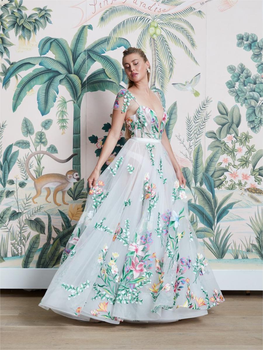 green eucalyptus pink lily flower printed wedding dress dreambysavin