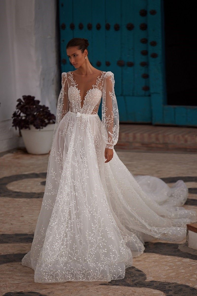 lace wedding dress with sheer long sleeves julievino MB23-12