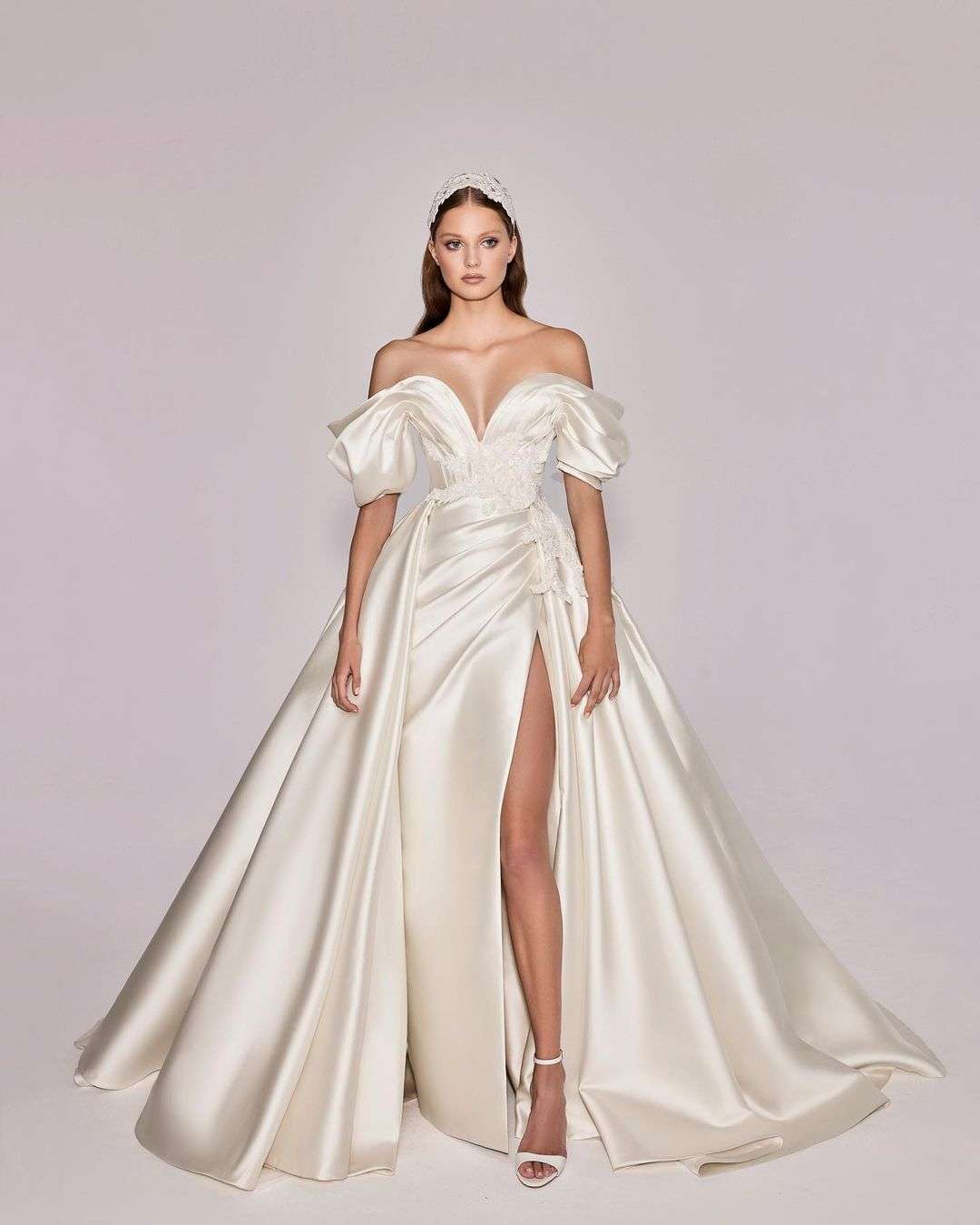 off the shoulder a-line satin bridal gown with slit zuhairmuradmariage