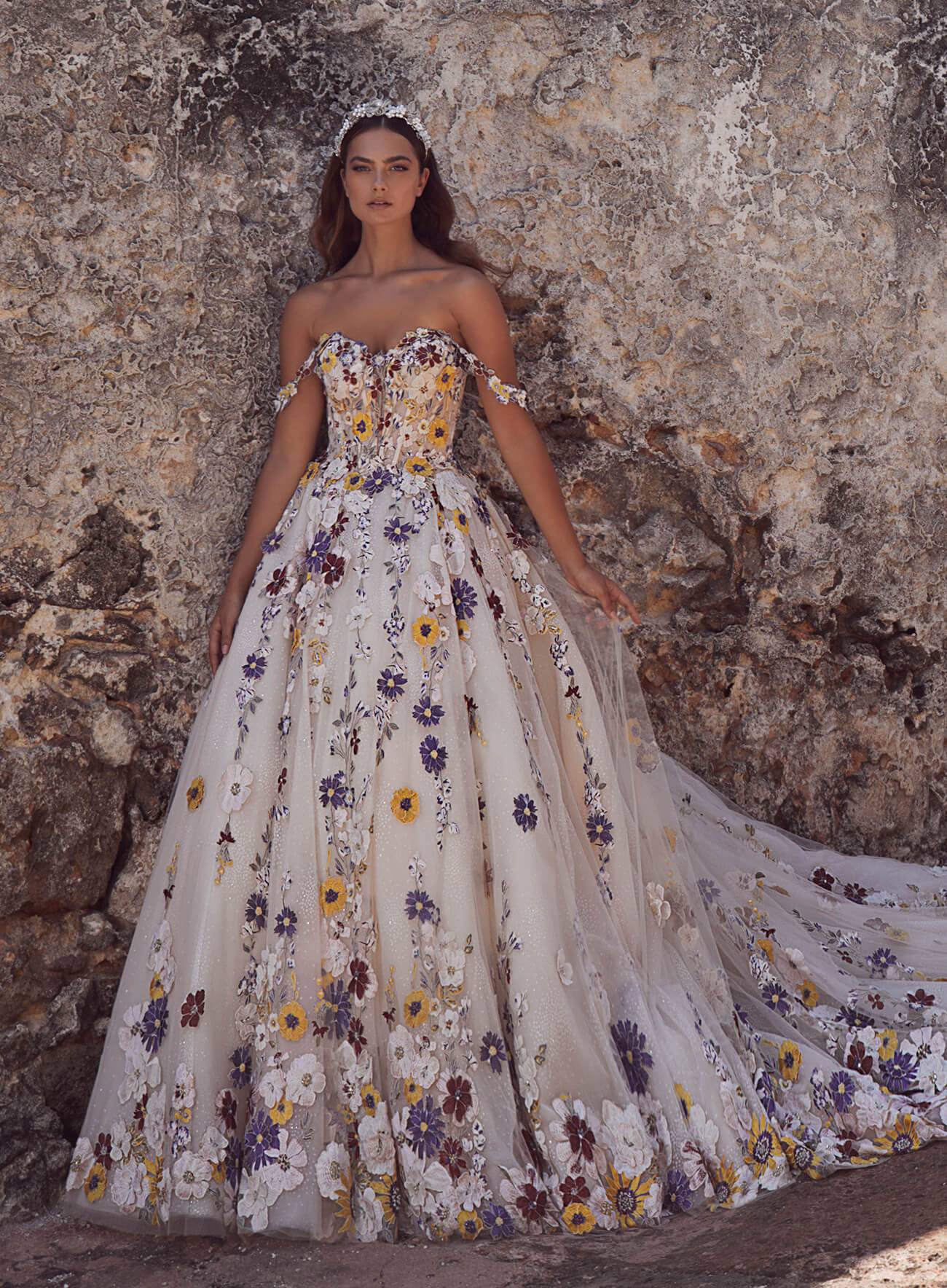 off the shoulder purple yellow floral applique wedding dress callablanche